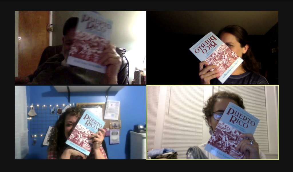 Screenshot from a Raíces Caribbean Culture & History Discussion Group meeting. Four participants are holding up the book Puerto Rico: The Four-Storeyed Country by José Luis González
